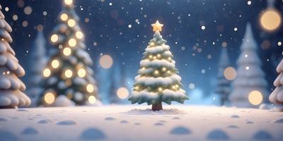 The primary subject of the image is a small, lit-up Christmas tree. The tree is surrounded by a snowy environment, creating a festive and cozy atmosphere. The visual style of the image is digital art, as it appears to be a computer-generated or digitally rendered scene. The colors and mood of the image are predominantly white and snowy, with the lit-up Christmas tree adding a touch of warmth and celebration to the scene.